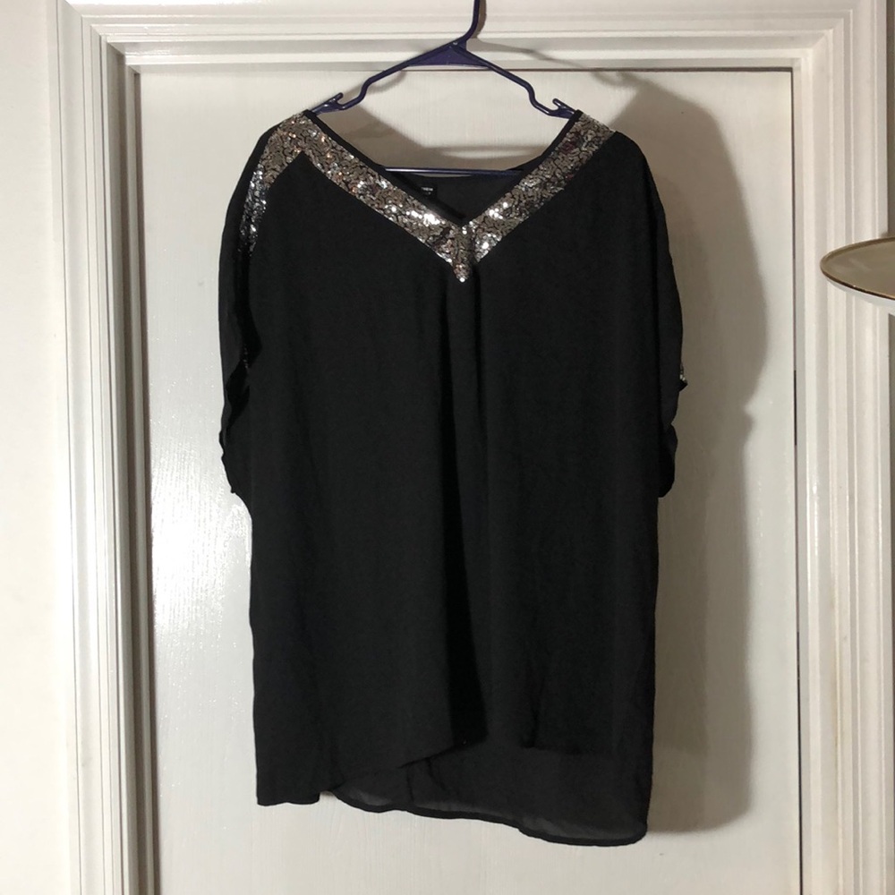 Black Boxy Blouse with Gray Embellished Neckline